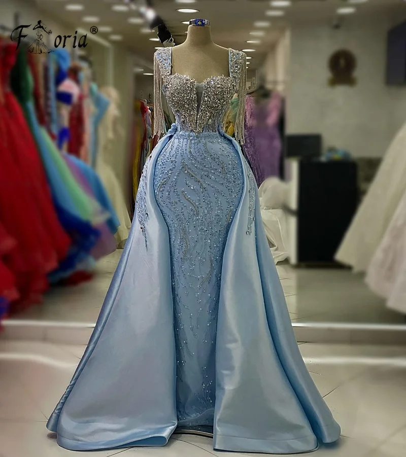 

Elegant Full Beads Mermaid Evening Dress with Detachable Overskirt Blue Crystal Tassel Fringe Dubai Prom Dress Robe De Soiree