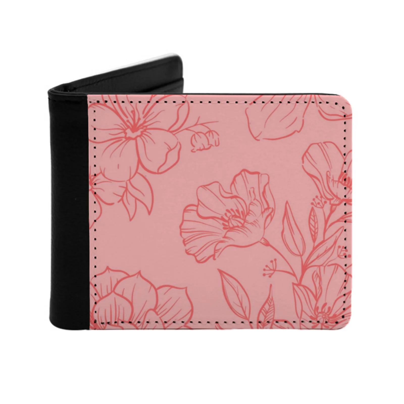 Pink Flowers Men Women Pu Leather Wallet Credit Card Holder Wallet Short Purse Pink Flowers Personalized Print Vintage