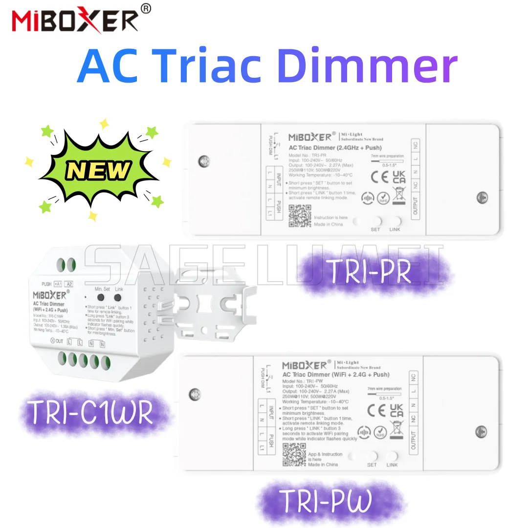 

MiBoxer AC Triac Dimmer 500W TRI-C1WR/TRI-PW/TRI-PR WiFi+2.4G+Push Control 30m Range Alexa-Compatible for AC100V-240V Homes
