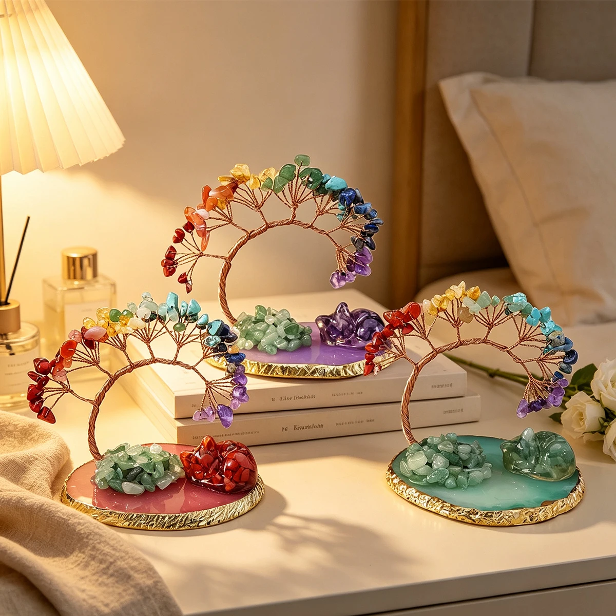 1pc Rainbow Crystal Crushed Stone Phoenix Tail Money Tree with Resin Sleeping Cat | Home Decoration & Festive Gift