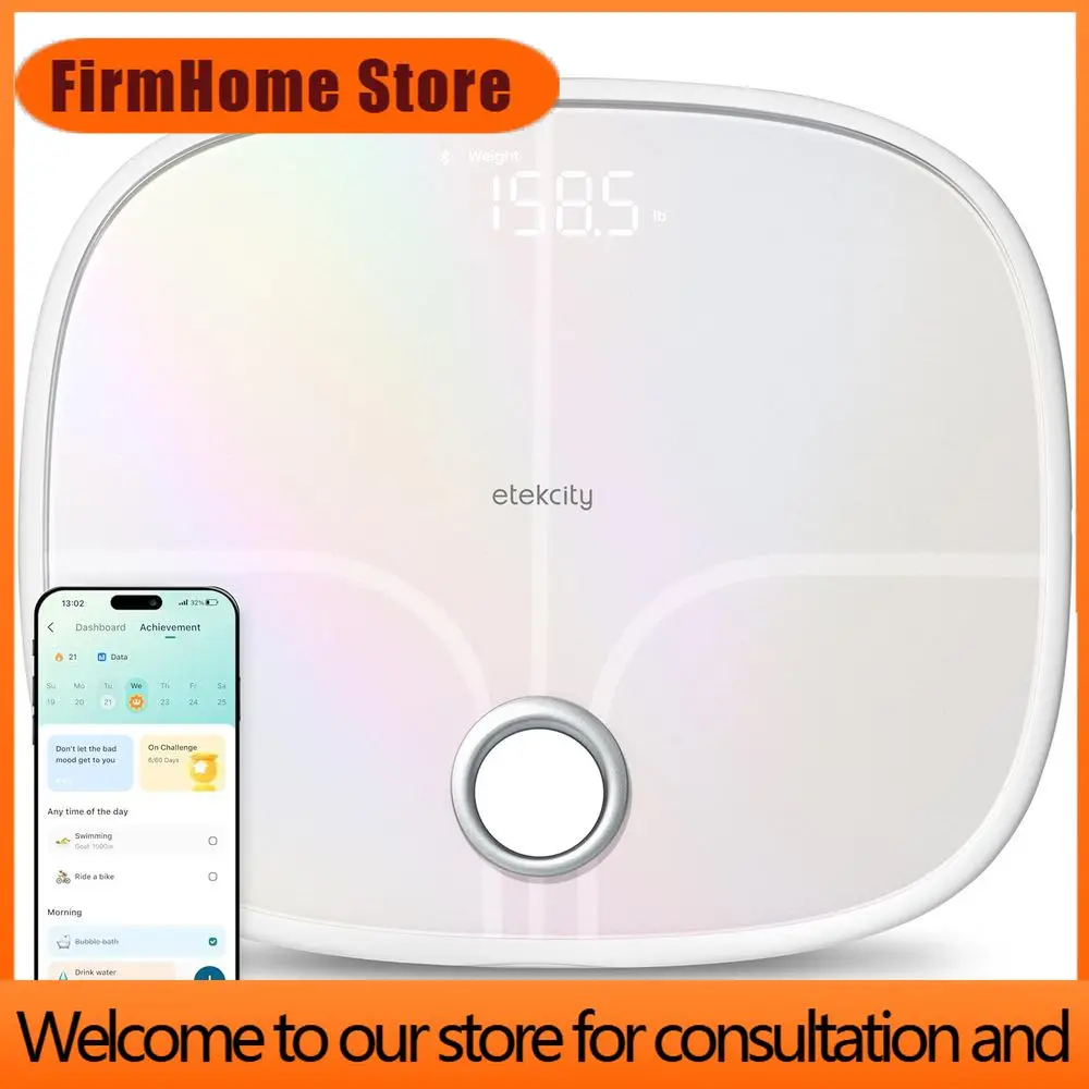 Умные весы FirmHome Store с Bluetooth-синхронизацией, 13 функций: измерение веса, ИМТ, мышечной массы, совместимость с HSA, перезаряжаемые, белые
