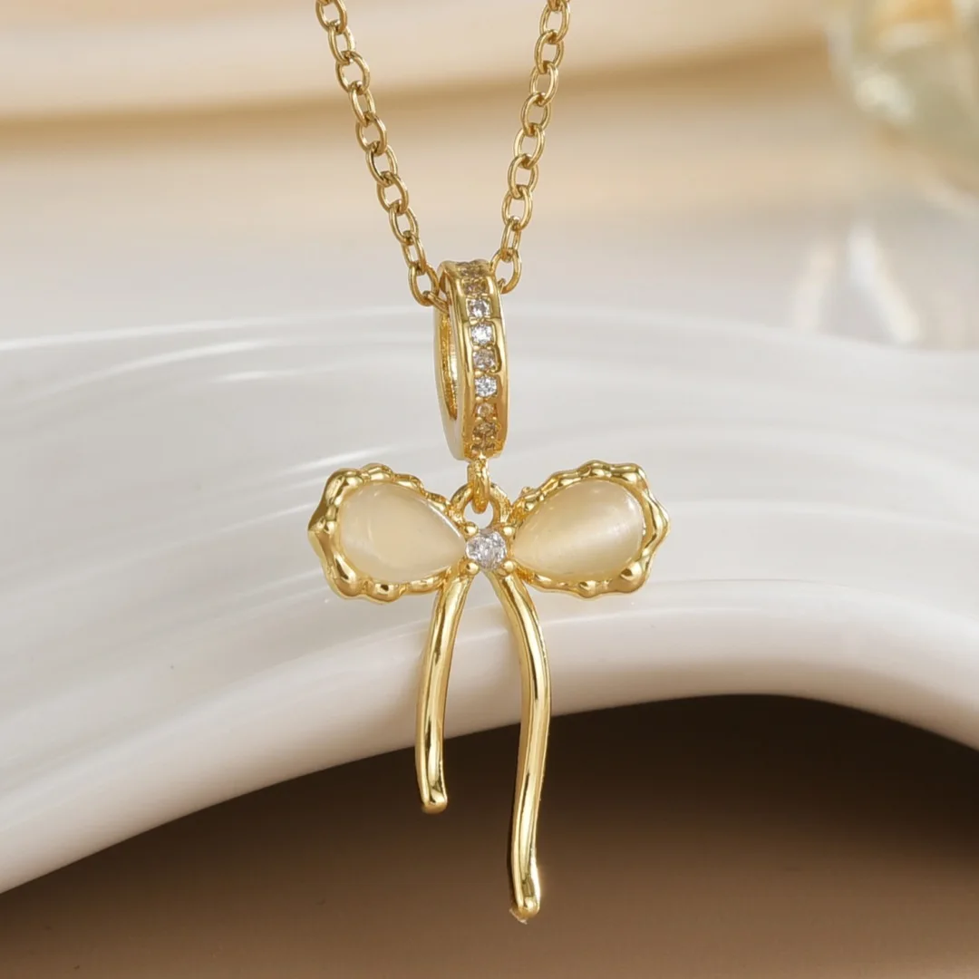 Dreamy Bowknot Necklaces for Women Girls Moonstone Bow Pendant Gold Color Stainless Steel Chain Jewelry Accessories Gifts