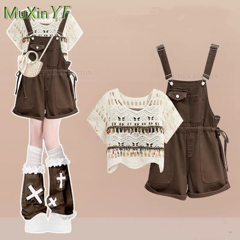 

Women's 2025 Summer New Retro Knit Short-sleeve Top+Denim Strap Short Two Piece Suit Korean Elegant T-shirt Pants Matching Set