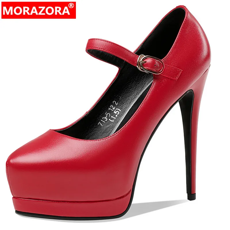 

MORAZORA 2024 New Genuine Leather Women's Shoes Office Ladies Mary Janes Pumps Buckle Stilettos High Heels Platform Shoes