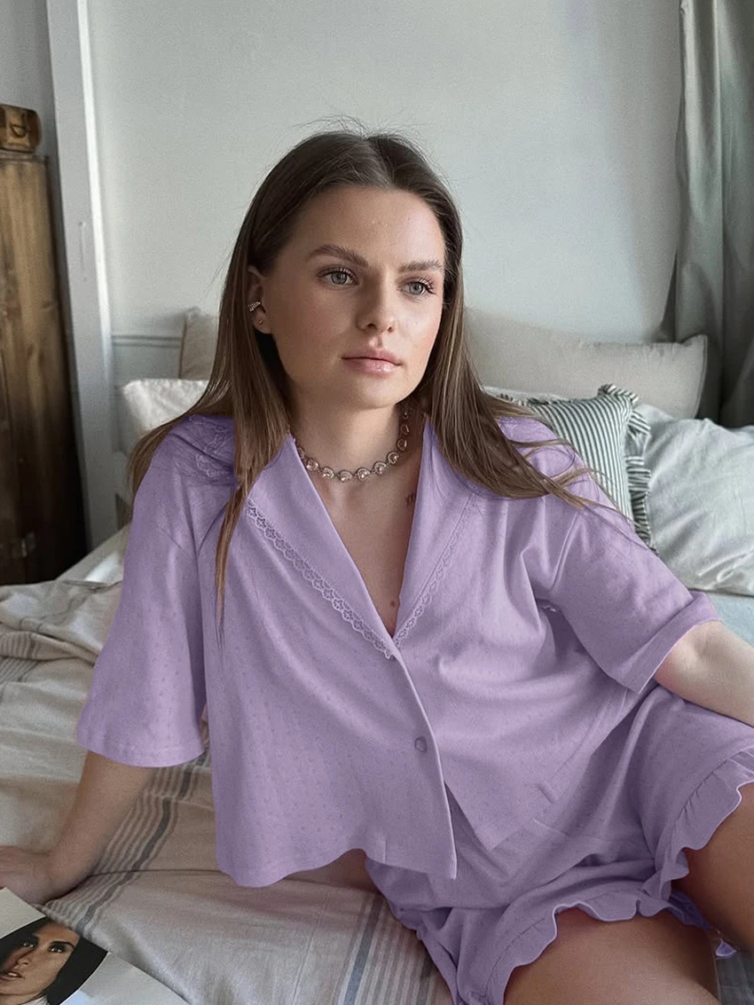 Marthaqiqi Loose Ladies Nightgowns Set Half Sleeve Nightwear Sexy Turn-Down Collar Sleepwear Shorts Casual Female Pajamas Suits
