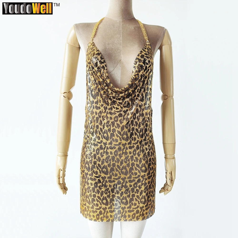 

Metal Sequin Nightclub Sexy Leopard Print Miniskirt, Backless V-Neck Halter Neck Dress, Bar Carnival, Event, 2023