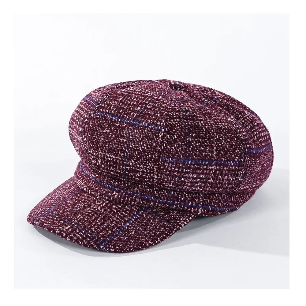 Vintage achteckige Baskenmütze für Damen, Zeitungs jungen hut, lässige Woll imitation, Plaid, neue Mode, 2024 – Detail 5