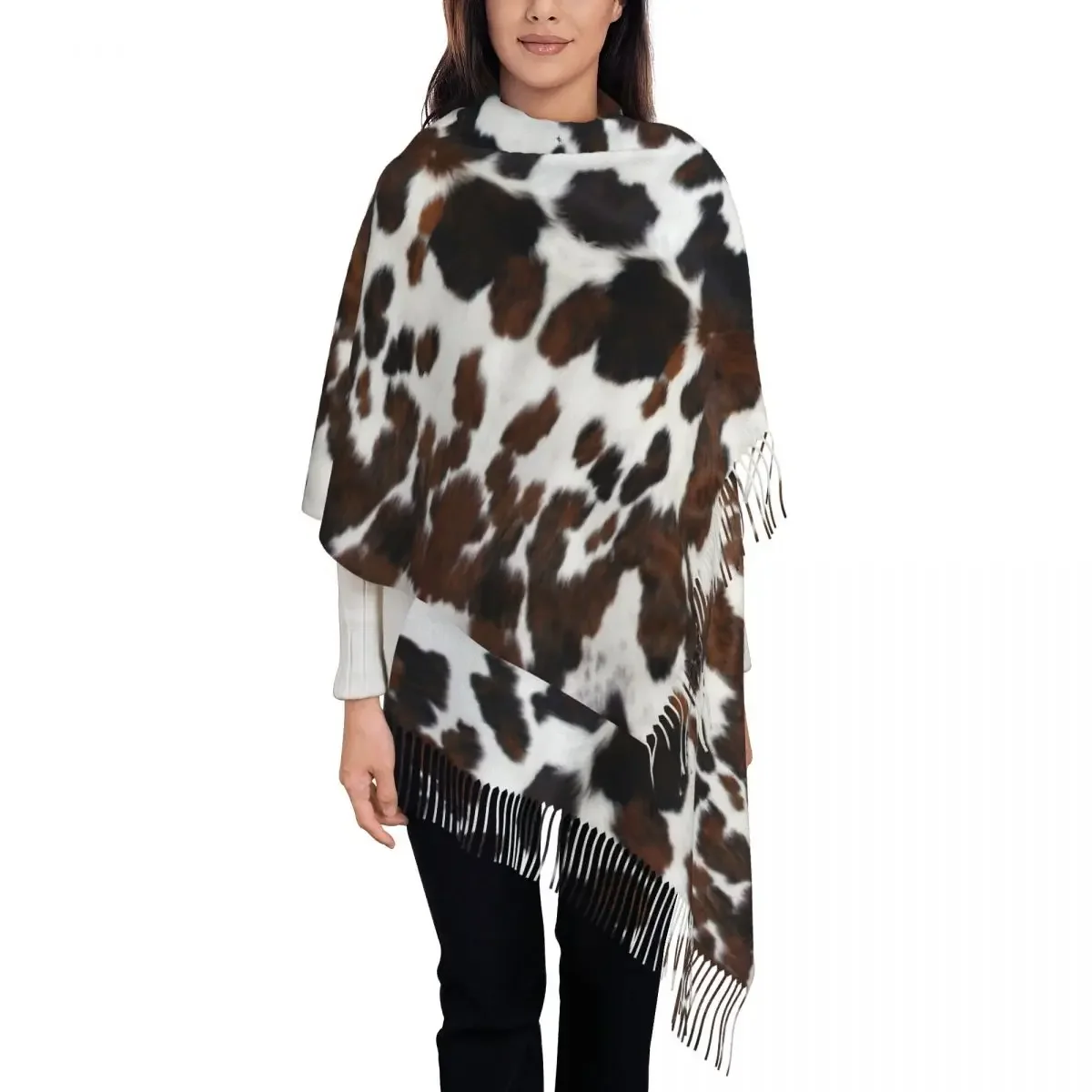 Cowhide Tan Texture Shawl Wrap Womens Winter Large Soft Scarf Animal Fur Leopard Pattern Pashminas Tassel Scarves