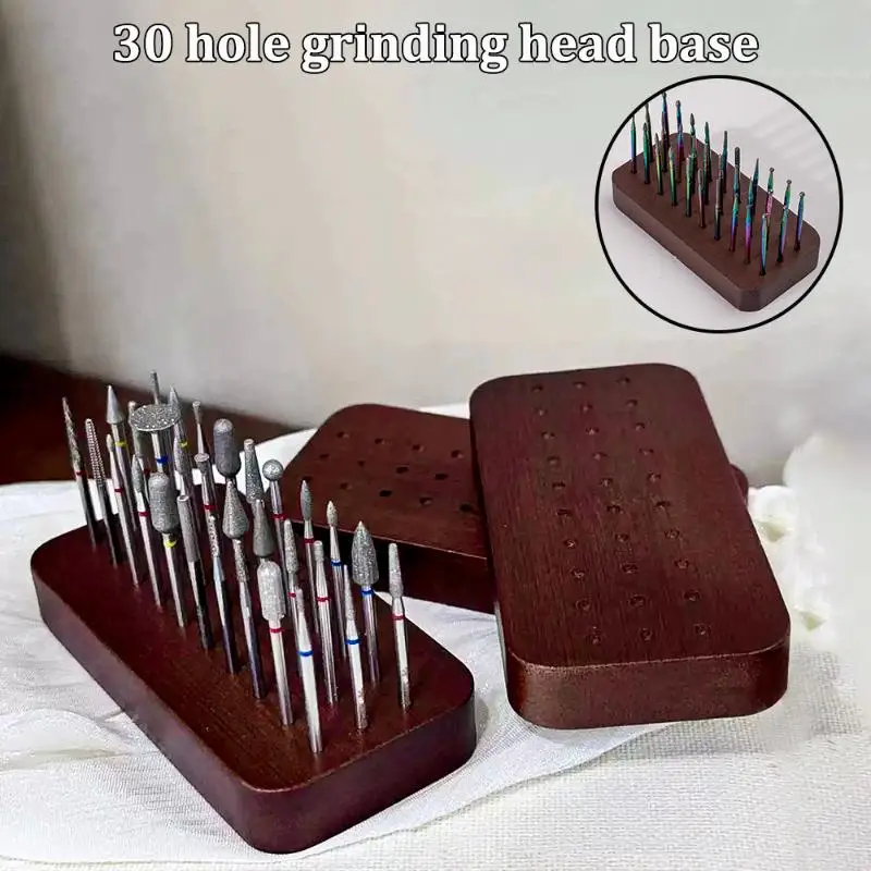 【Peace】30 Slots Polishing Head Storage Walnut Wood Nail Drill Bit Organizer Tray Desktop Display Stand Manicure Tools
