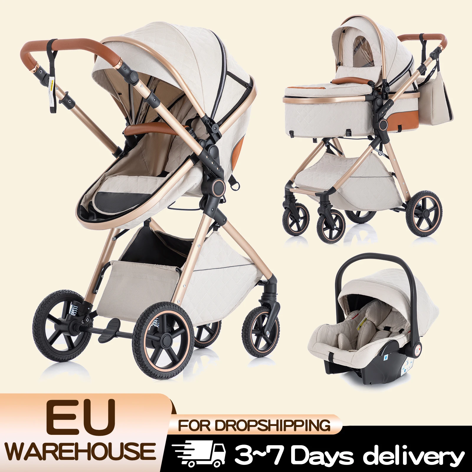 Carrinho de Bebê 3 em 1 de Luxo para Recém-Nascidos com Berço Ajustável, Carrinho Portátil Dobrável de Alto Padrão