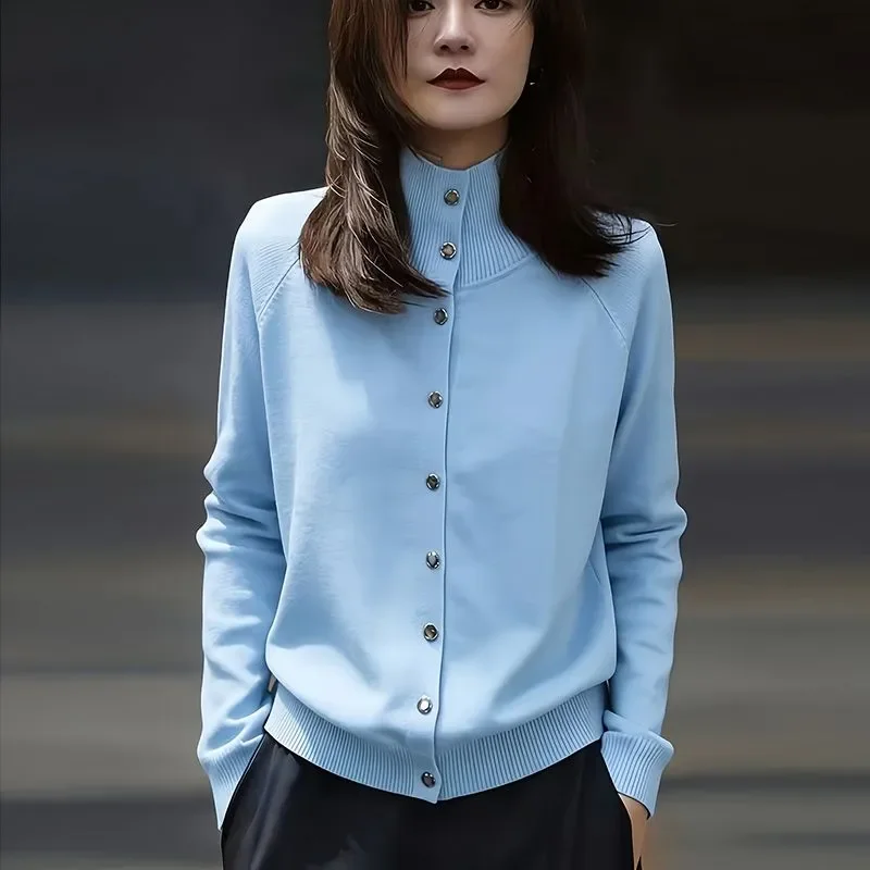 Womens High Neck Knit Cardigan Autumn Winter Versatile Slim Fit Casual Outerwear Inner Sweater