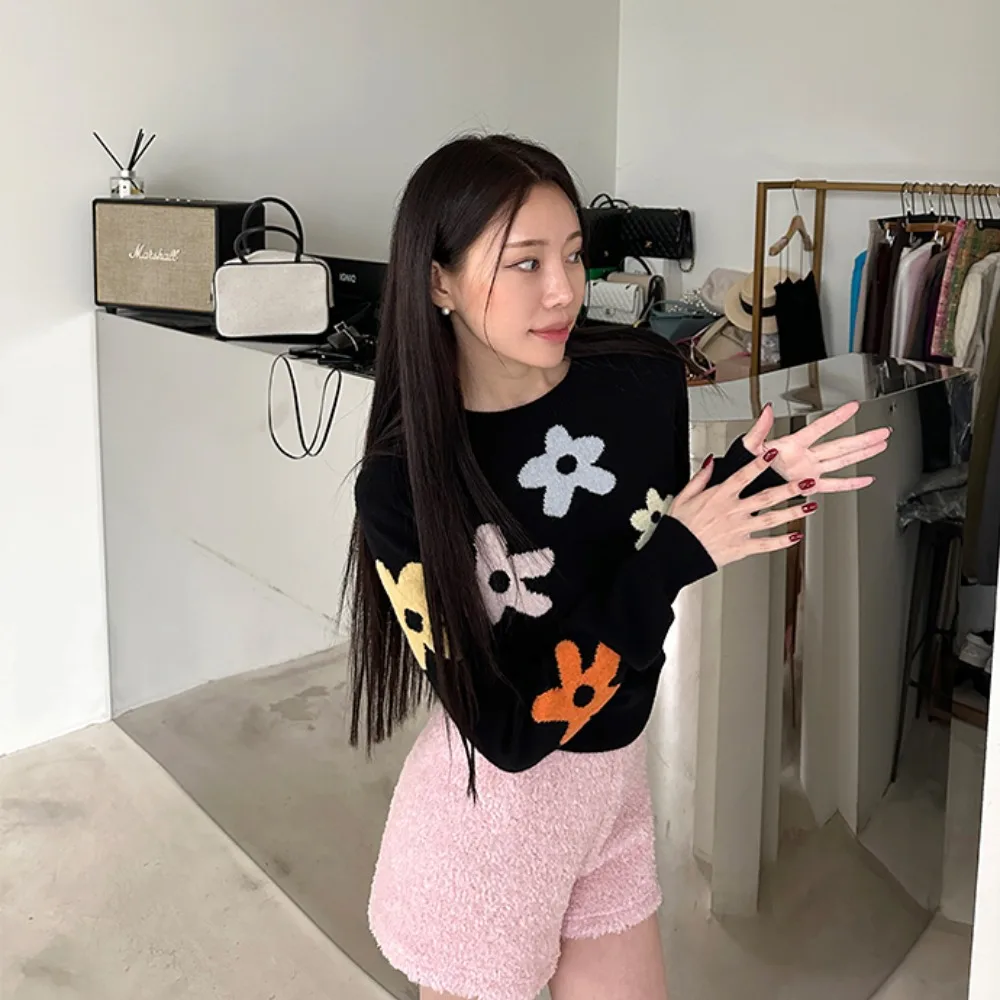 한국 슬레 니트 스웨터 꽃 장식 면 100% 여성 패션 겨울 시즌 캐주얼웨어