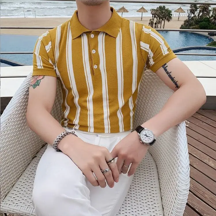 

Summer Men's Clothing Pullover Striped Turn-down Collar Button Short Sleeve Contrast Color Sweater Knitted Casual Retro Tops