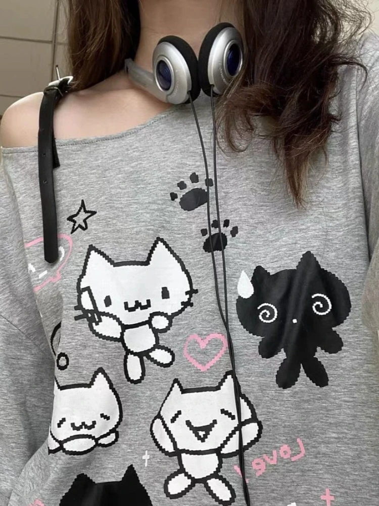 Houzhou Y 2K Harajuku Cuteore Hoodies Vrouwen Japanse Stijl Kawaii Zoete Bandage Cartoon Print Oversized Sweatshirt Zacht Meisje 2024