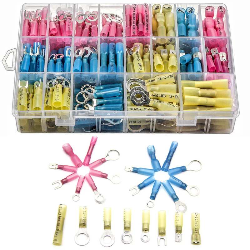 

240pcs Heat Shrink Wire Connectors Waterproof Electrical Terminals Kit Crimp Cable Ring Fork Hook Spade Butt Splices