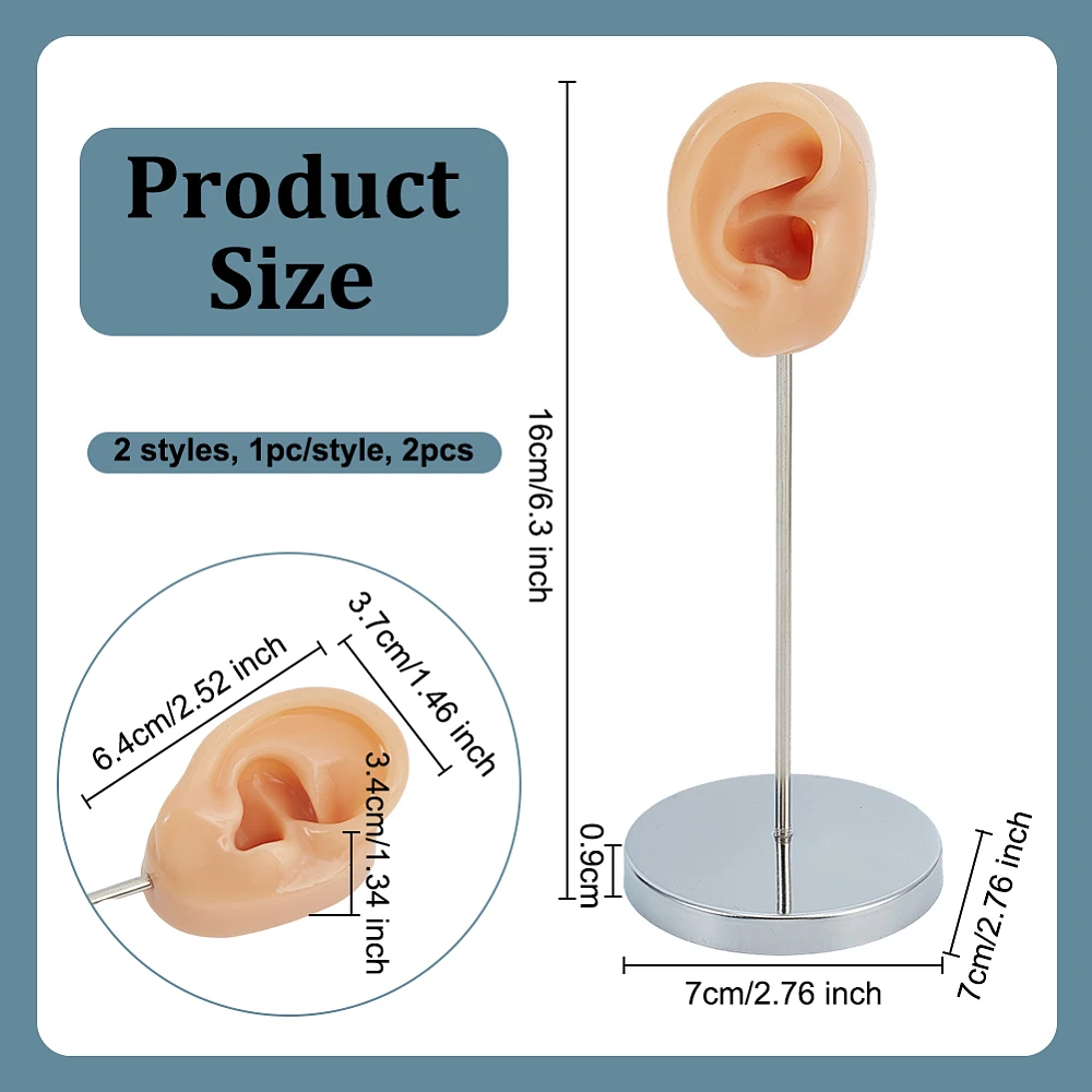 2Pcs Ear Shaped Earring Display Stand with Iron Base Skin Color Earring Show Rack Ear Displays Model Piercing Practice Models