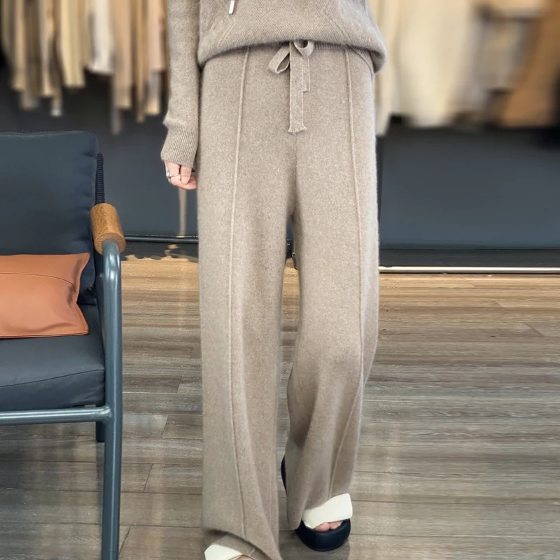 Women\'s Cashmere Wide-Leg Pants, Loose and Casual, High Waist, Straight, Elastic Waist, Knitted Trousers, Autumn, Winter, New