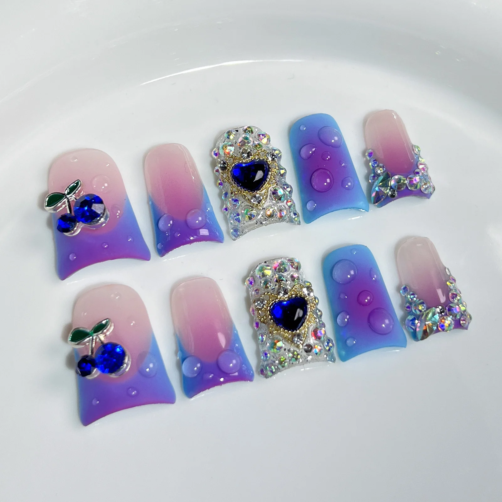 Faux ongles français en forme de bec de canard, faits à la main, à pression courte, 3D, strass complets, décor à la mode, Design artistique, DIY, 10 pièces