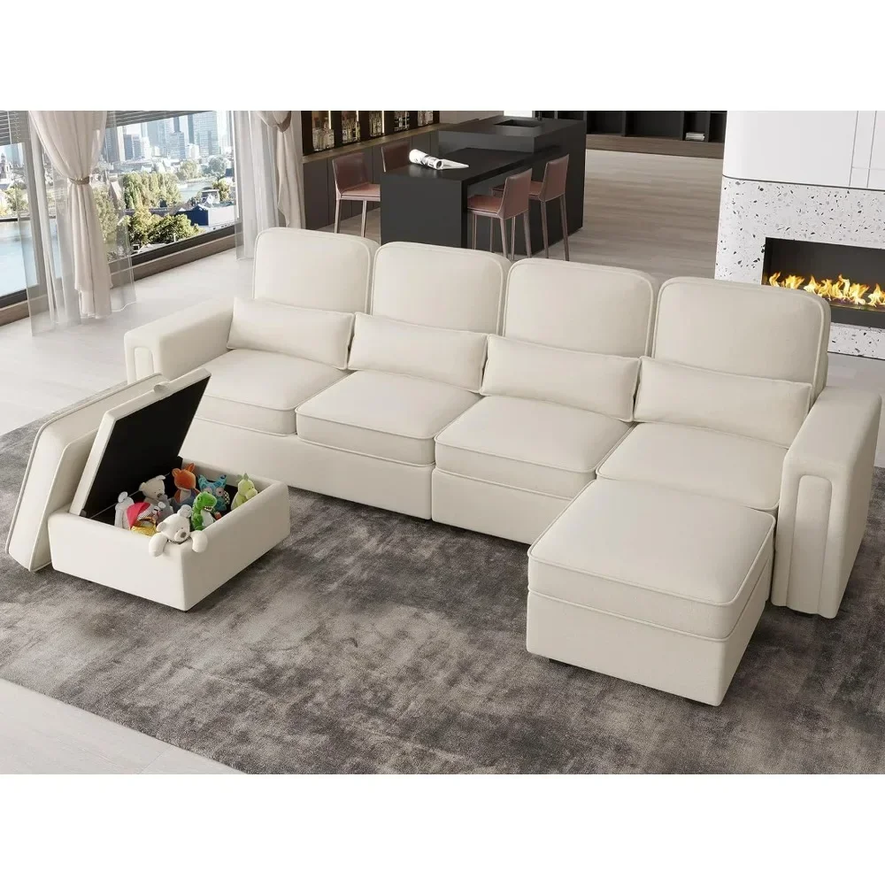 

Living Room Sofa, 6 Seats U-Shaped Convertible Couch with Reversible Chaise, Modular Sofa with Pillows & Storage Ottoman, Beige