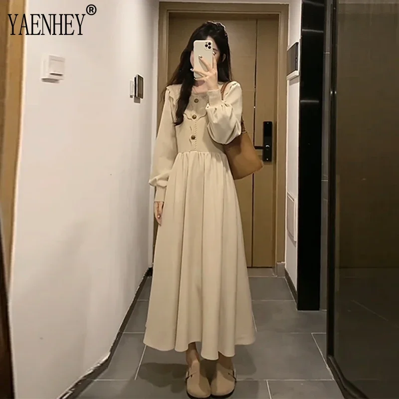 

Vintage Knitting Maxi Dresses for Women Clothing Lady Elegant O-Neck Bodycon Knitted Dress Korea Autumn Winter 2023 Warm Apricot