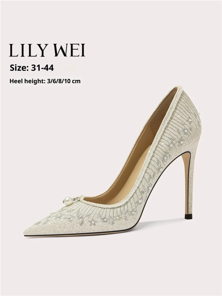

Stiletto heels spring new pointed toe shallow sequin pearl embroidery wedding shoes banquet large size small size women's shoes