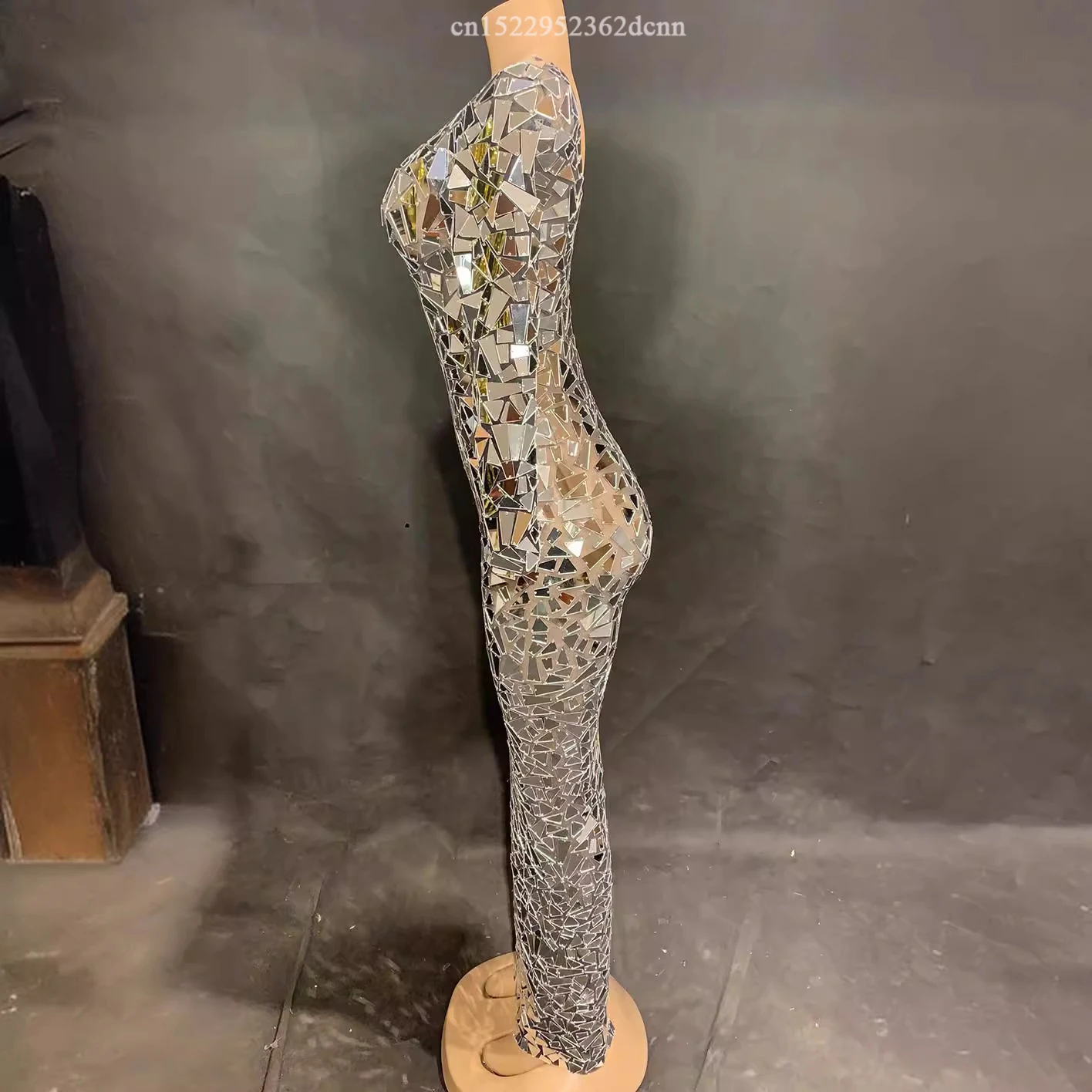 ชุดเดรสยาวตาข่ายสีดำประดับกระจกเงา สำหรับงานเลี้ยงตอนเย็น งานวันเกิด งานแสดง