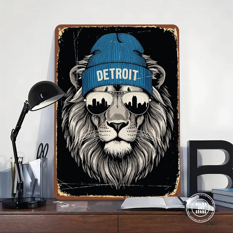 Detroit Lion With Beanie and Sunglasses Poster Customized Wall Art Vintage Metal Signs Retro Tin Plaque for Man Cave Home Decor