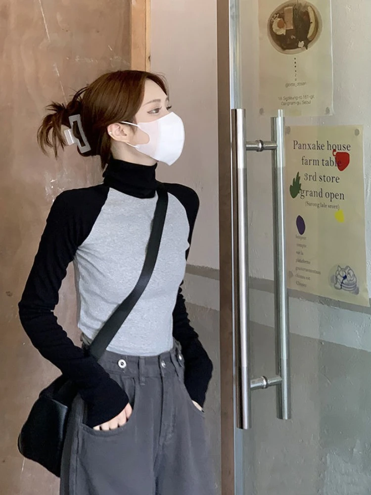 Outono inverno novo y2k cor bloqueando blusas de malha roupas femininas moda elegante magro topos vintage quente pulôveres de gola alta