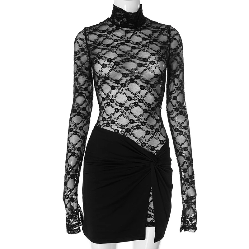 OMSJ Cocktail Party Women Elegant 2-Piece Outfits Lace Perspective Half High Neck Tight Dress+Mini Asymmetric Twisted Slit Skirt