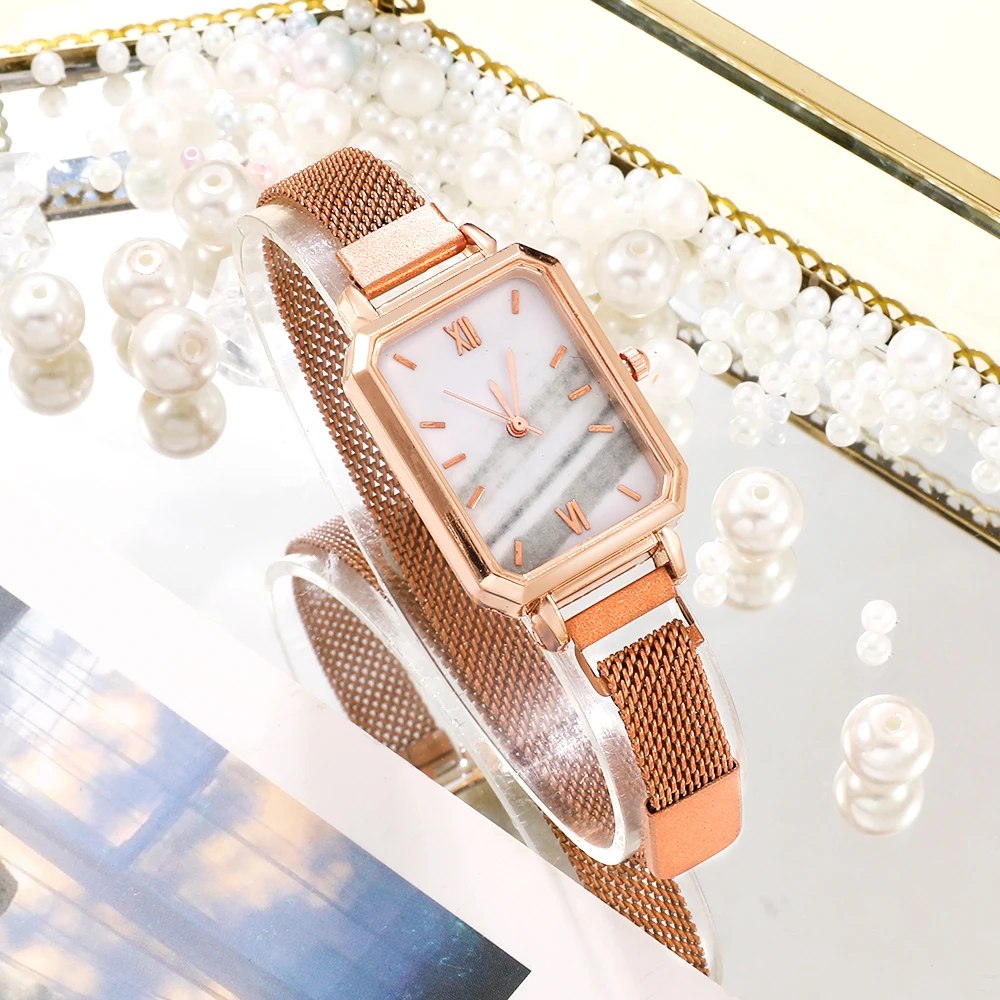 Women Watches Fashion Square Ladies Quartz Watch Bracelet Set Green Dial Simple Rose Gold Mesh Luxury Women Watches