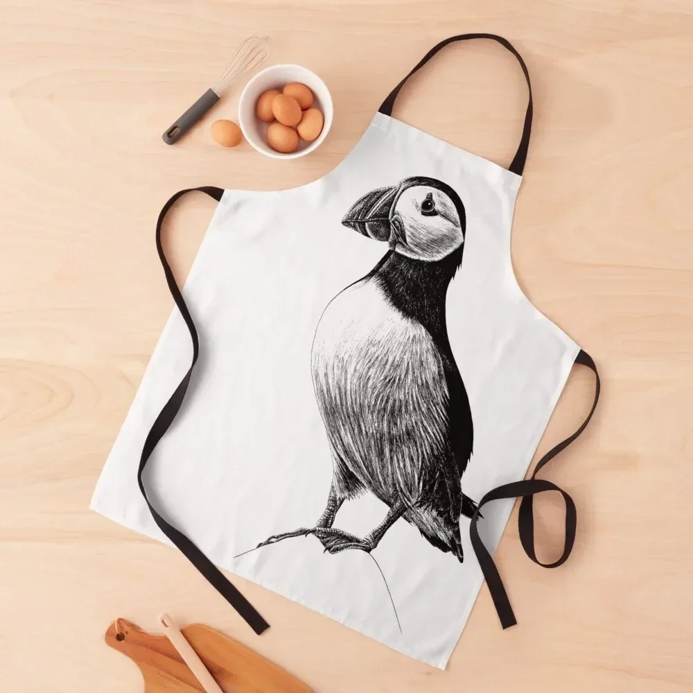 Atlantic Puffin - wild seabird - black and white animal ink illustration Apron kitchen girl Things For The Kitchen Apron