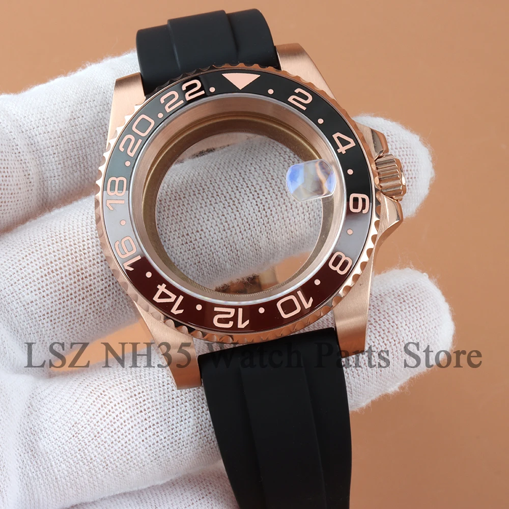 40mm Watch Case Rose Gold Sapphire Glass For SUB GMT YACHT-MASTER Seiko NH34 NH35 NH36 NH38 Movement 28.5mm Dial Rubber Strap