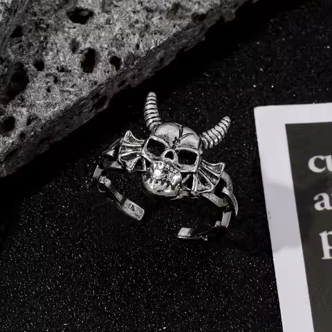 Monster Tales Men's Gothic Skull Ring Ox Head Vintage Silver Adjustable Open Ring Punk Style Jewelry for Finger Accessory