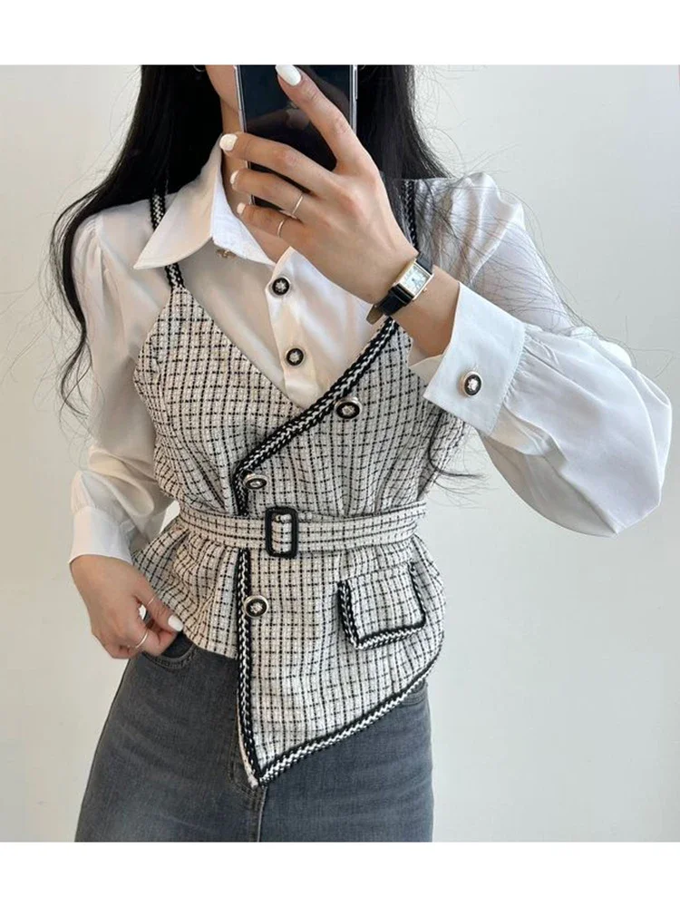 Women Spring Shirt Korean Minority Retro Lapel Splicing Fake Two-piece Lace-up Waist Contrast Long-sleeved Shirt Top D3172