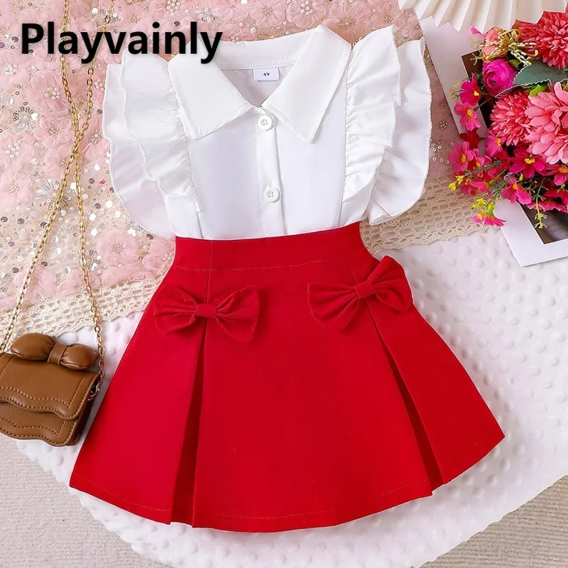 

2026 New Summer Girls Fashion 2-piece Set White Turn-down Collar Flare Sleeve Shirts+Red Bow Skirt 2-7Y Children Clothes A4517