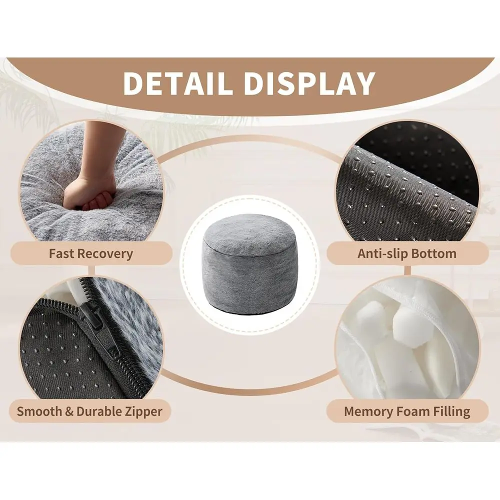 مسند رمادي مستدير كبير، 26 × 18، وسادة مسند للقدم مملوءة بالرغوة لغرفة المعيشة