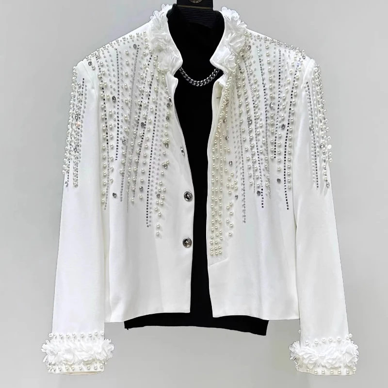 2025 otoño de los hombres nuevo de gama alta pequeño fragante abrigos de manga larga chaquetas de los hombres de moda elegante con cuentas de diamantes de imitación chaquetas personalizadas