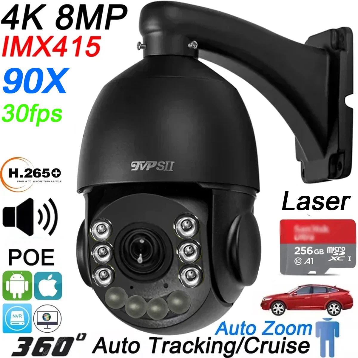 

Black 512gb Auto Tracking Infrared 8MP 4K IMX415 30fps Real-Time 54X 90X Optical Zoom 360° Audio Outdoor ONVIF POE PTZ IP Camera