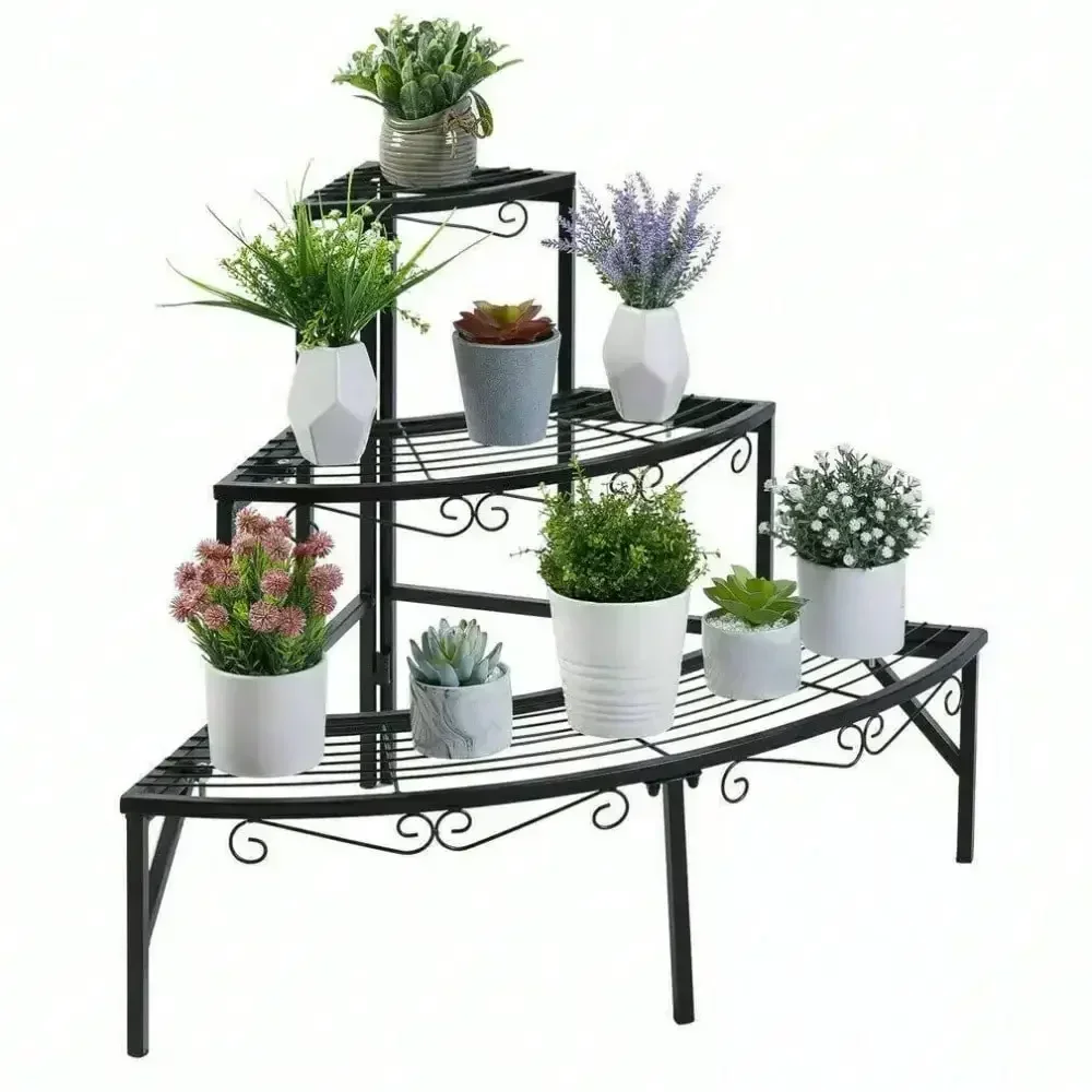 3-Stairs Curved Corner Stands Shelf Plant Stand Multiple Potted Storage Black