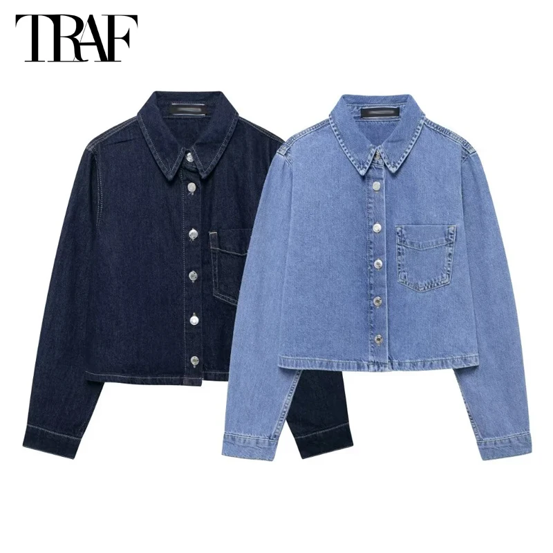 TRAF 2024 Blue Denim Shirts for Women Cropped Jeans Women\'s Shirts Collar Button up Shirt Woman Long Sleeve Shirts and Blouses