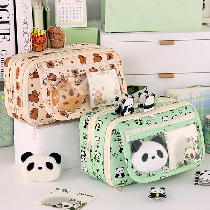 Bolsa de lápis de 9 camadas, criativa, capivara/panda, caneta, grande capacidade, à prova de sujeira, organizador de papelaria, escola, escritório