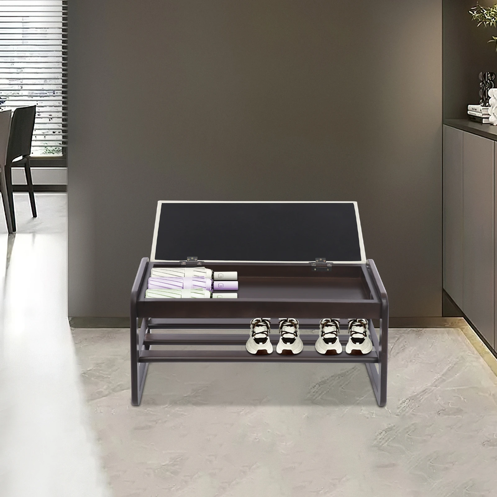Modern Rubber Wood Shoe Storage Bench with Hidden Compartment, High-Elastic Sponge Cushion, A-Shaped Stable Legs Ventilated Shoe Rack for Entryway Bedroom Home Decor
