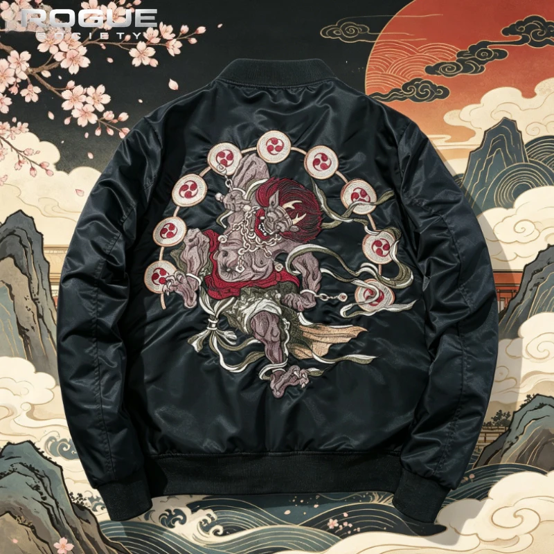 New Japanese Embroidery Bomber Jacket Men Harajuku Raijin Print Pilot Korean Coat Streetwear Yokosuka Sukajan Windbreaker Unisex