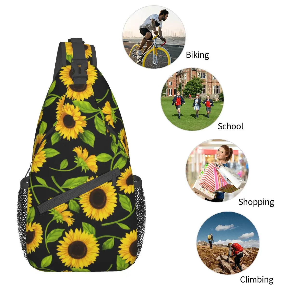 Black Sunflower Crossbody Sling Bag SmallChest Bag Artist Classic Art Shoulder Backpack Daypack Travel Hiking Cycling Satchel