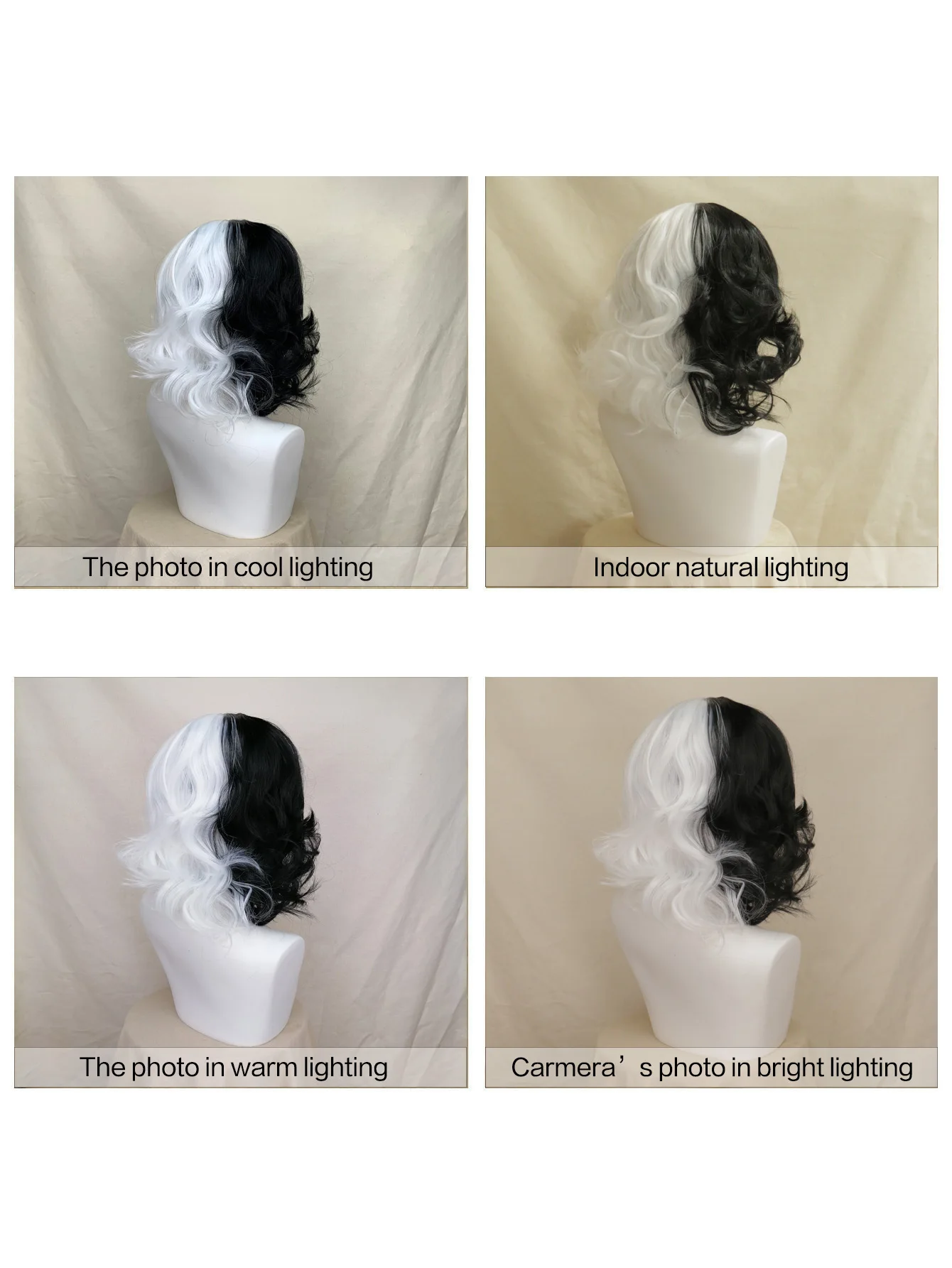 شعر مستعار أبيض وأسود للفتيات قصير مجعد نصف أسود نصف أبيض شعر مستعار للهالوين كرويلا ديفيل زي تنكري اصطناعي #3