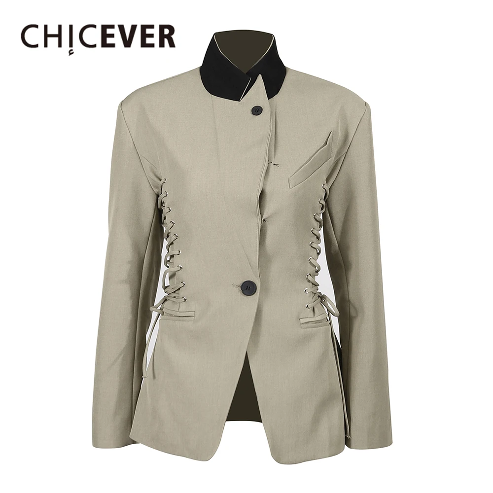 

CHICEVER Solid Spliced Lace Up Basics Jacket Female Lapel Long Sleeve Office Lady Loose Women's Jackets Autumn Style Fashion New