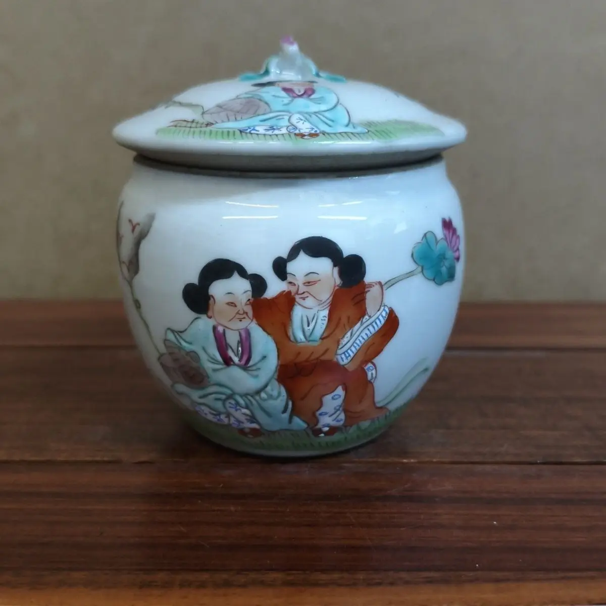 Pre Owned Collection Hehe Two Immortals Printed Ginseng Tea Can Chinese Style Sealed Tea Caddy Decorative Storage Jar