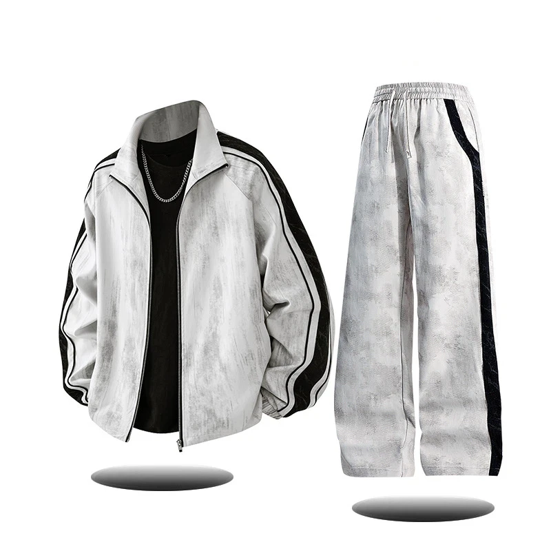 Conjunto de roupas esportivas casuais masculinas retrô para primavera e outono, jaqueta moderna de alta qualidade e calças de duas peças com bloqueio de cores