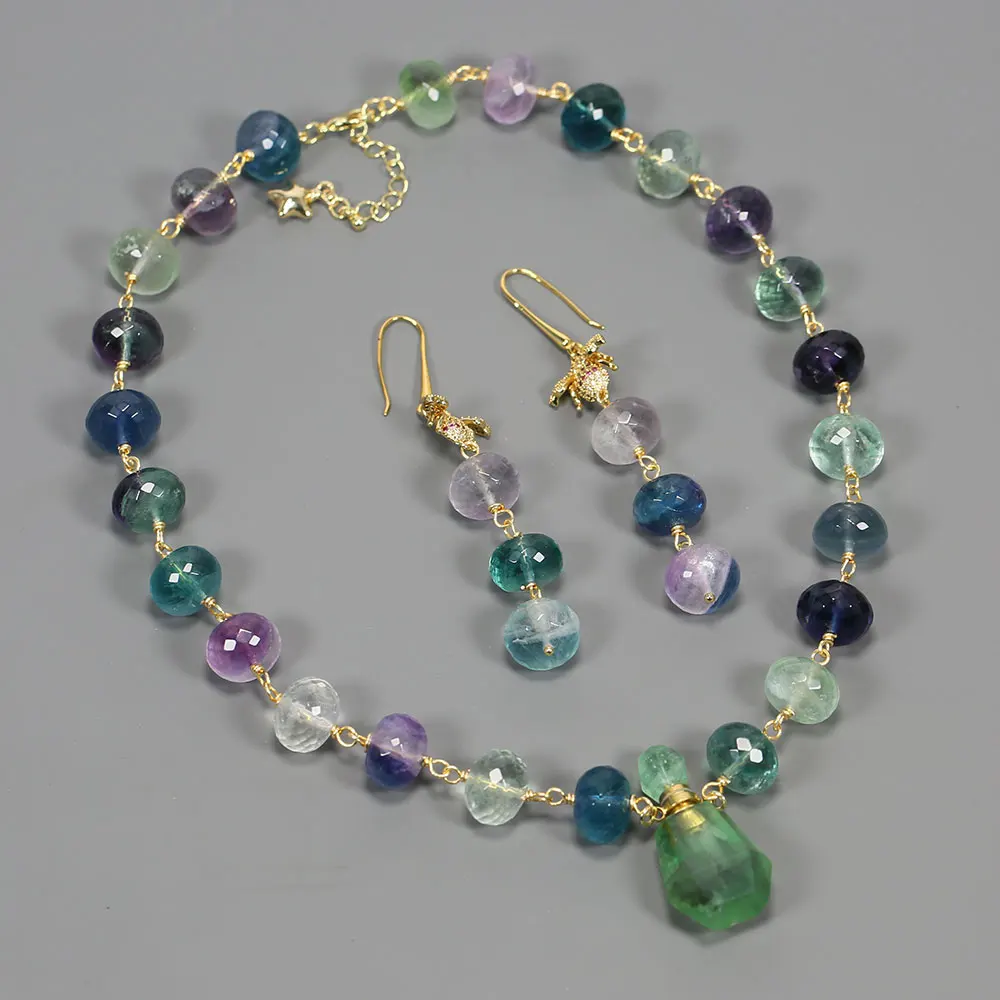 GuaiGuai Jewelry Mix Color Faceted Rondelle Fluorites Real Gems Chain Necklace Pendant Earrings Sets Handmade Women Gifts