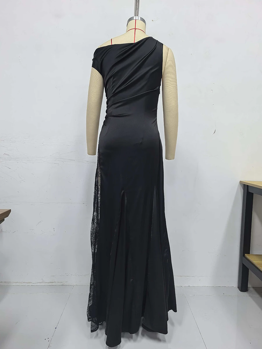 TWOTWINSTYLE الصلبة شير تقسم الدانتيل مثير فساتين طويلة للنساء قطري طوق بلا أكمام المرقعة فستان محكم الإناث جديد #6